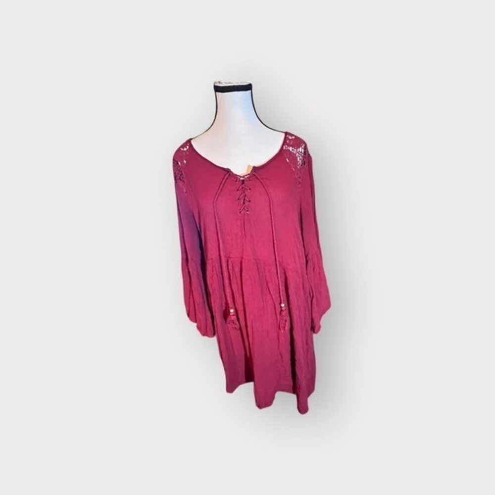 Women’s 1X Clover + Scout Boho Mini Shift Tunic Bell Sleeves Crochet Inset 14 16